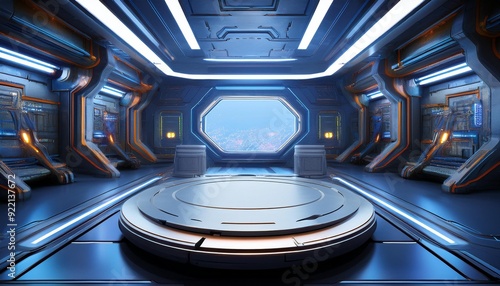 Inside spaceship laboratory interior architecture and empty podium for cyberpunk product presentation. Technology and Sci-fi concept. 3D illustration rendering