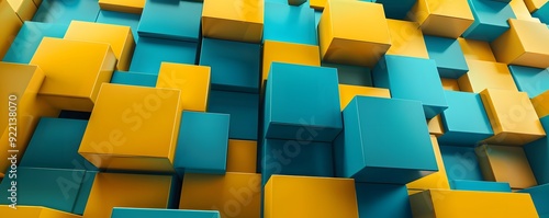 Abstract Geometric Pattern of Interlocking Teal and Yellow Cubes photo