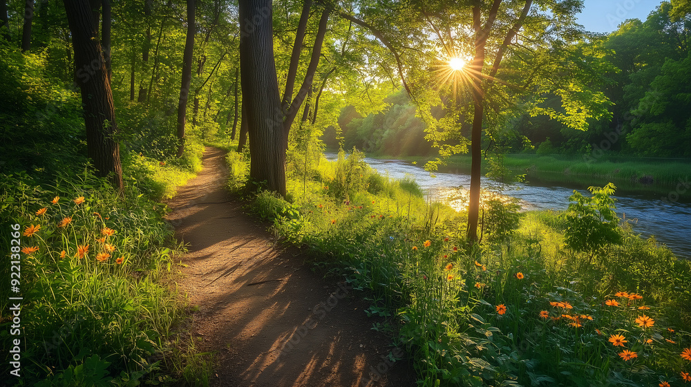 Obraz premium An enchanted forest trail immersed in morning light, winding along a quiet river. Surrounded by lush wildflowers and lush greenery.