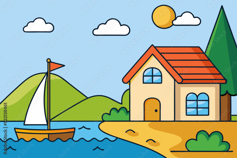 Fototapeta premium House on the shore and a sailboat next to it. Sketch illustration for coloring book art vector illustration