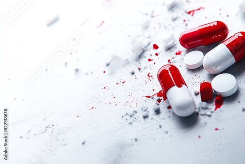 A dramatic and intense image of broken capsules with powder spilling out onto a white surface symbolizing the potential dangers and challenges of improper pharmaceutical use in healthcare photo