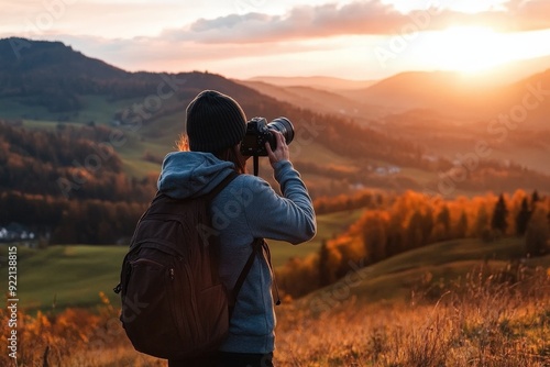 Wallpaper Mural A photographer, with a camera and a tripod, captures the serene sunset over rolling hills, symbolizing dedication to the craft and love for nature's quiet, reflective moments. Torontodigital.ca