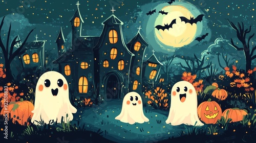 Playful haunted house background with cute ghosts, friendly bats, and smiling pumpkins, perfect for children's Halloween stories