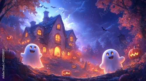 Playful haunted house background with cute ghosts, friendly bats, and smiling pumpkins, with a clear central area for impactful advertising messages