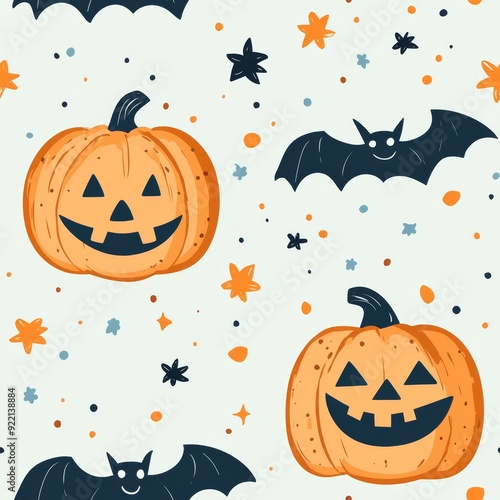 Seamless pattern featuring cute jack-o'-lanterns and smiling bats on a pastel background, perfect for children's Halloween designs