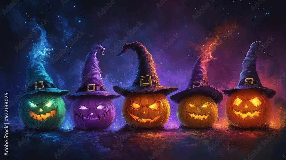Witch hat smiley faces in Halloween colors, each with a different emotional expression, set against a dark and mystical background Witch hat smiley faces in Halloween colors, each with a different emotional expression, set against a dark and mystical background