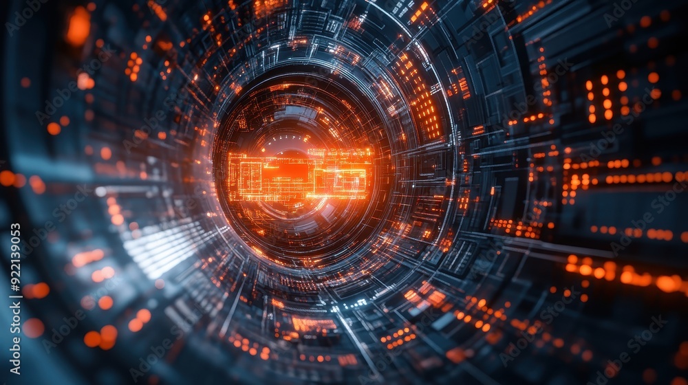 Fototapeta premium Futuristic Digital Tunnel with Glowing Orange and Blue Lights in a High-Tech Cyber Environment