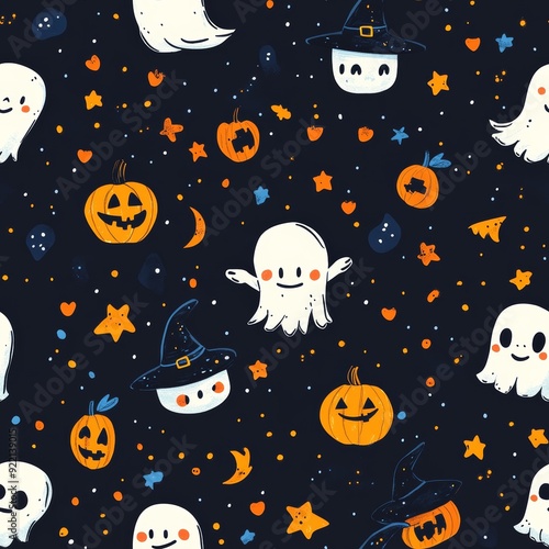 Seamless pattern with adorable Halloween icons like smiling skulls, tiny witches, and friendly ghosts
