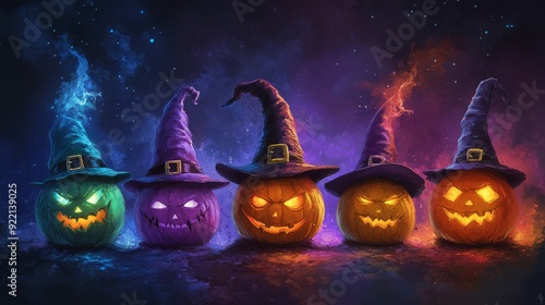 Witch hat smiley faces in Halloween colors, each with a different emotional expression, set against a dark and mystical background