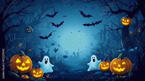 Spooky yet cute Halloween background with glowing pumpkins, mischievous bats, and friendly ghosts, featuring a blank area in the center for custom text