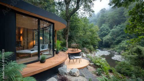 A cozy modern yurt by lush jungle, luxury glamorous camping glamping