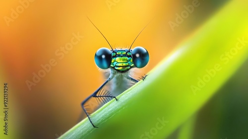 damselfly hiding behind a blade of grass photo