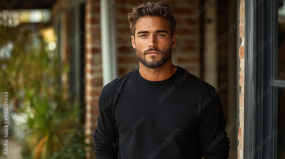 A confident male model with a beard and short hair, wearing a simple black shirt and trousers, standing on a beige background with a subtle vignette effect A confident male model with a beard and short hair, wearing a simple black shirt and trousers, standing on a beige background with a subtle vignette effect