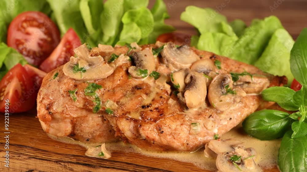 Chicken breast with mushroom sauce and vegetables on a wooden plate. Circular movement from left to right. Chicken breast with mushroom sauce and vegetables on a wooden plate. Circular movement from left to right.