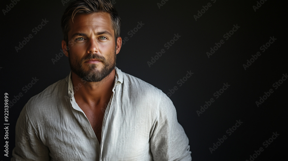 A confident male model with a beard and short hair, wearing a simple grey shirt and trousers, standing on a black background with warm studio lighting A confident male model with a beard and short hair, wearing a simple grey shirt and trousers, standing on a black background with warm studio lighting