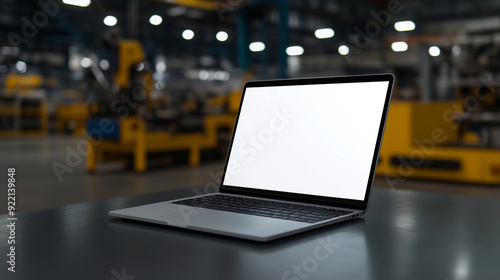 Laptop mockup with a white screen on a metal workbench with industrial tools and machinery in the background