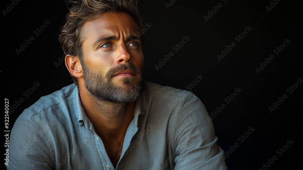 A confident male model with a beard and short hair, wearing a simple grey shirt and trousers, standing on a black background with warm studio lighting A confident male model with a beard and short hair, wearing a simple grey shirt and trousers, standing on a black background with warm studio lighting