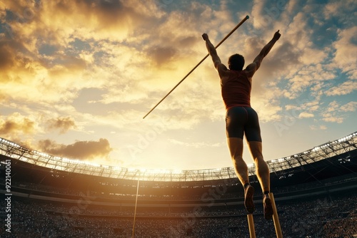 An athlete in a victory pose after a successful pole vault attempt at a stadium during a sunset, with the sky painted in vibrant colors, symbolizing triumph and accomplishment.