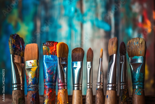 Row of artist paintbrushes closeup on artistic wooden background. Brushes with colorful paints