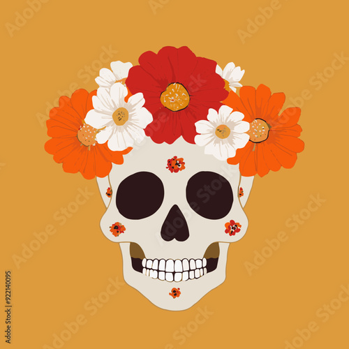 Ilustración de Katrina en tonos cálidos, calavera con flores en la cabeza
