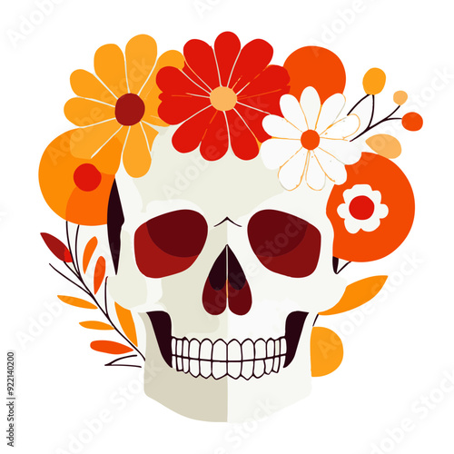 Ilustración de Katrina en tonos cálidos, calavera con flores en la cabeza