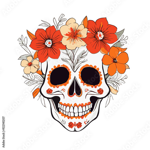 Ilustración de Katrina en tonos cálidos, calavera con flores en la cabeza