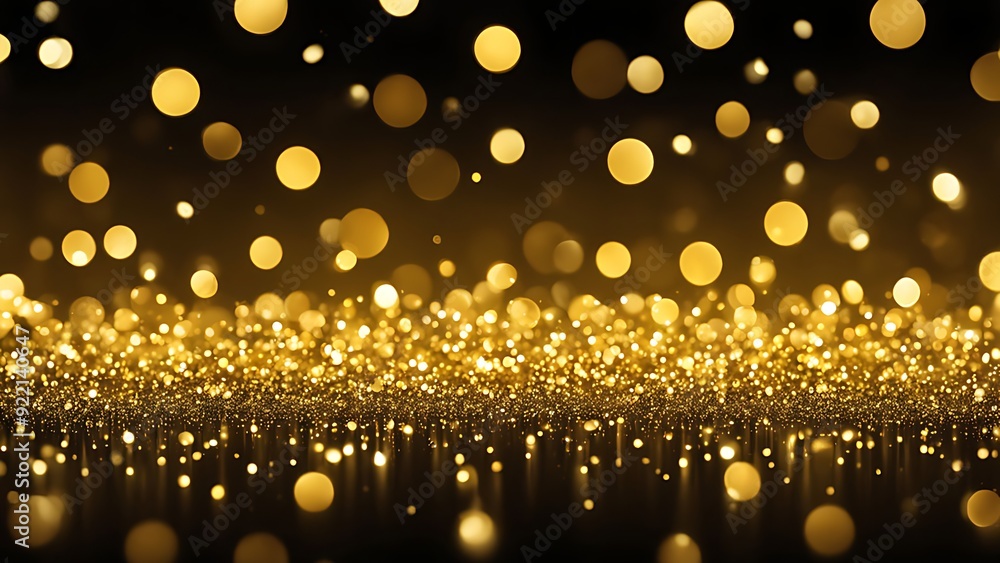 Gold glitter bokeh lights background reflecting on black surface. Abstract festive golden backdrop with copy space for design and print. Christmas and New Year holiday concept Gold glitter bokeh lights background reflecting on black surface. Abstract festive golden backdrop with copy space for design and print. Christmas and New Year holiday concept