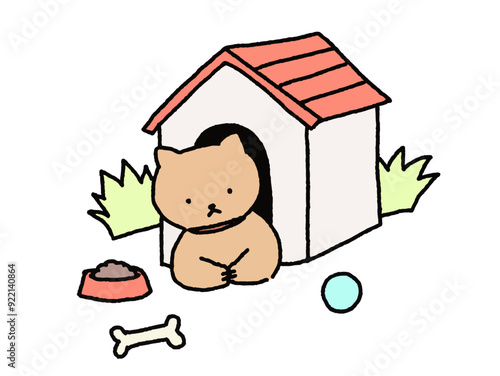 犬小屋にいるいぬ　手描きイラスト