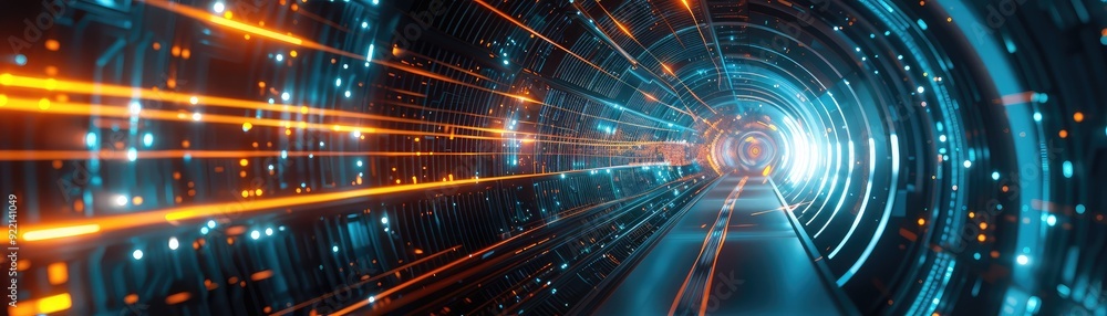 Abstract digital tunnel with glowing lights and vibrant colors. Abstract digital tunnel with glowing lights and vibrant colors.