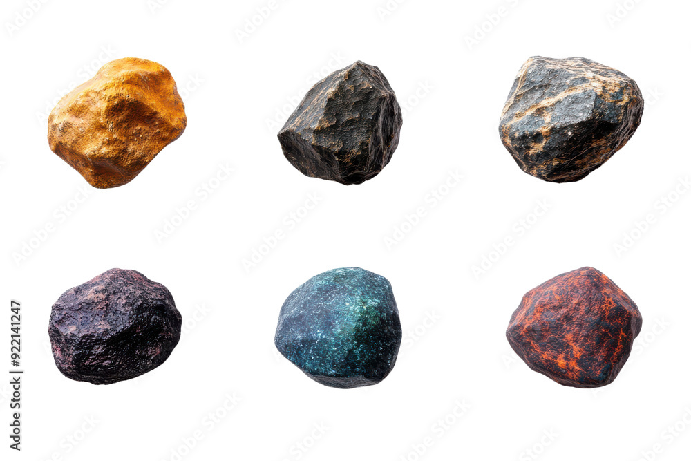 A collection of six unique mineral stones, each with distinct colors and textures, perfect for geology and educational purposes. A collection of six unique mineral stones, each with distinct colors and textures, perfect for geology and educational purposes.