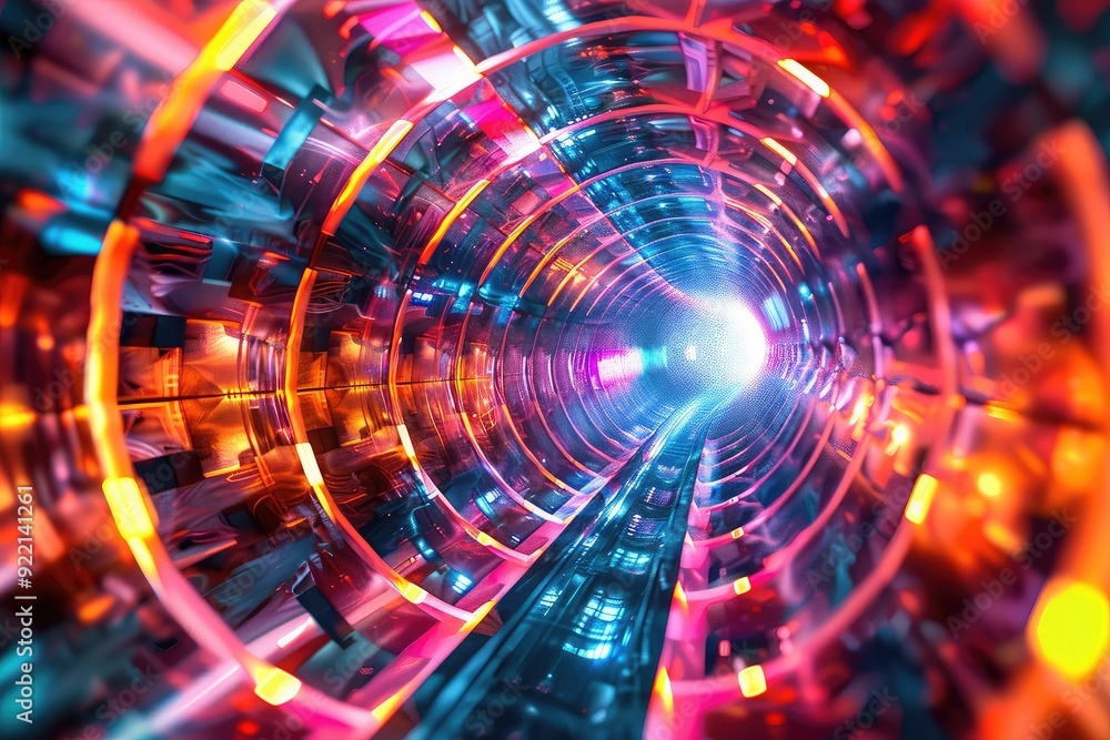 Fototapeta premium Abstract futuristic tunnel with vibrant neon lights and glowing energy.