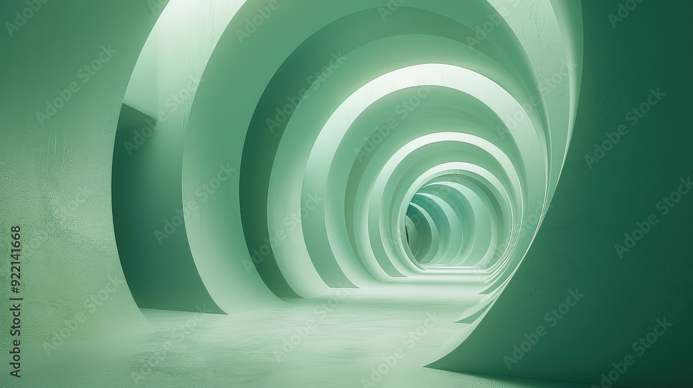 Fototapeta premium Abstract green tunnel with curved walls and glowing light at the end.
