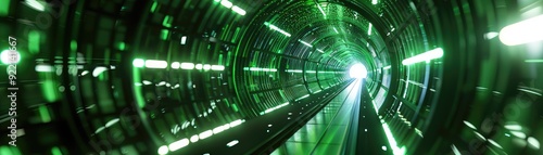 Abstract green tunnel with glowing light at end.