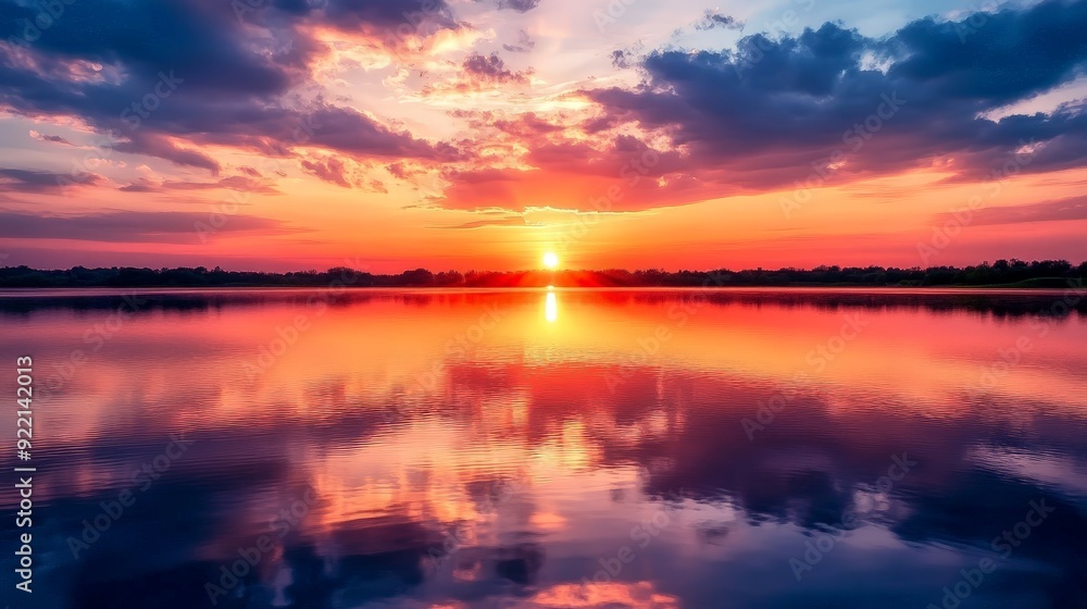 A dramatic sunset over a serene lake, with the reflection creating a stunning mirror image on the surface. The colors of the sunset blend seamlessly into the calm water. A dramatic sunset over a serene lake, with the reflection creating a stunning mirror image on the surface. The colors of the sunset blend seamlessly into the calm water.