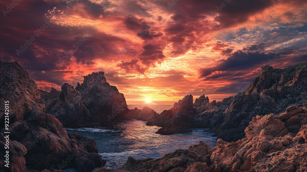 A dramatic sunset over a rocky coastline. The last rays create a fiery orange and pink sky, while the dark silhouettes of the rocks contrast sharply with the vibrant colors of the sunset. A dramatic sunset over a rocky coastline. The last rays create a fiery orange and pink sky, while the dark silhouettes of the rocks contrast sharply with the vibrant colors of the sunset.