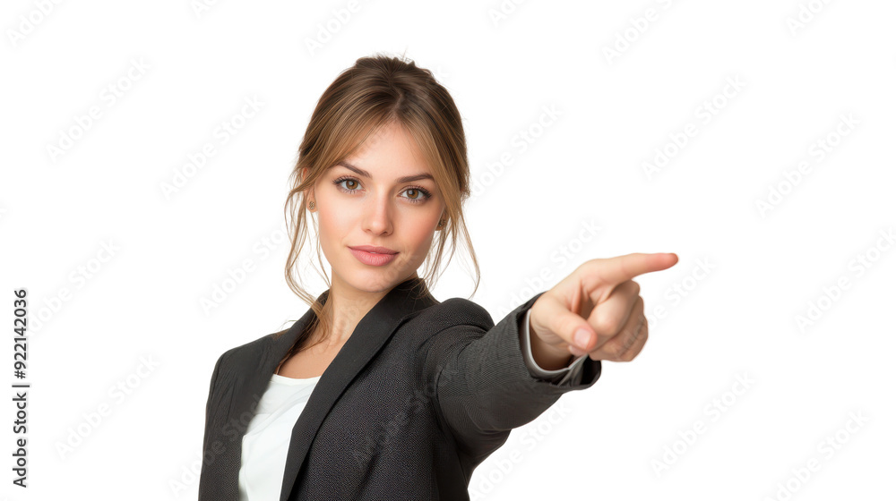 Confident businesswoman pointing forward, isolated, showcasing leadership and direction in a professional setting. Confident businesswoman pointing forward, isolated, showcasing leadership and direction in a professional setting.