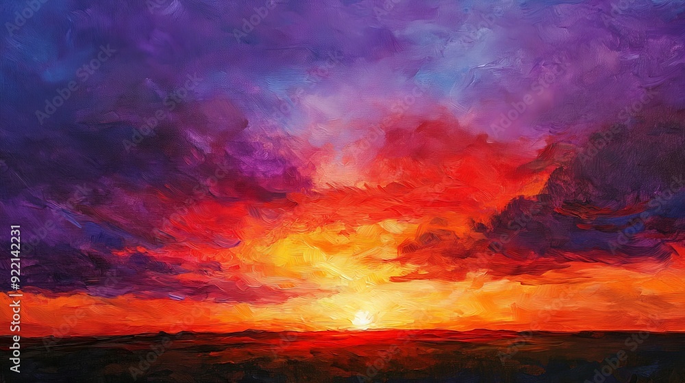 A dramatic sunset with vibrant hues of red, purple, and orange spreading across the sky. The setting sun dips below the horizon, casting a warm and colorful glow over the landscape. A dramatic sunset with vibrant hues of red, purple, and orange spreading across the sky. The setting sun dips below the horizon, casting a warm and colorful glow over the landscape.