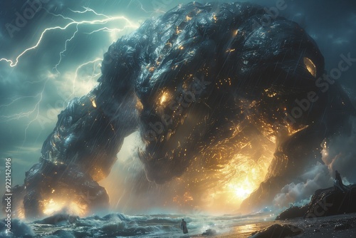 A giant robot battling a colossal sea monster in the midst of a stormy ocean, with lightning illuminating the scene