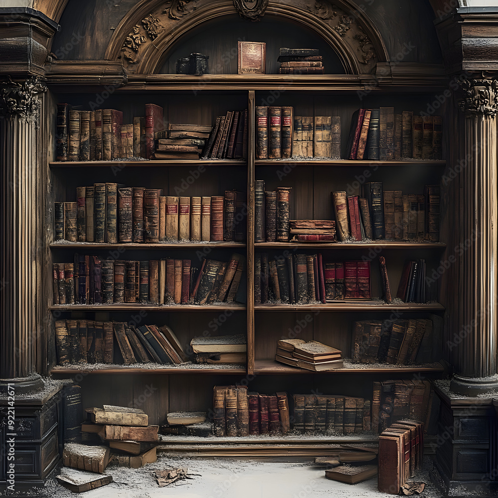 abandoned library with bookshelves shrouded in dust isolated on white background, png abandoned library with bookshelves shrouded in dust isolated on white background, png