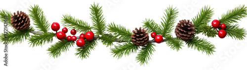Festive Christmas garland with pinecones and red berries on green pine branches, perfect for holiday decoration and seasonal celebrations.