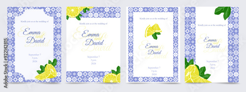 Save the date design templates with blue ceramic tiles and lemons with leaves. Ceramic majolica border, wedding invitation card templates with Mediterranean tiles. Frames and borders ornate. Vector 