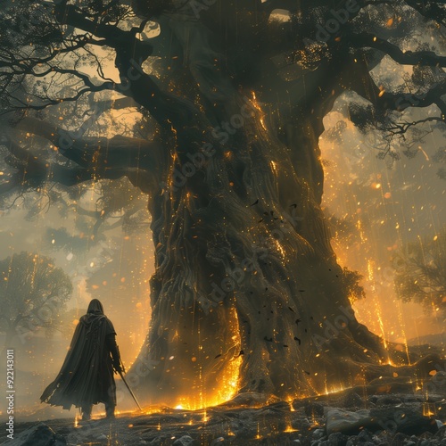 A lone Tarnished warrior standing before a towering, ancient tree in Elden Ring, with mysterious runes glowing on the tree's surface photo