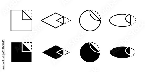 Peel off sticker icon set. Open here symbol. Adhesive paper vector illustration. Sticky tape blank sign collection. Pull off corner dashed edge pictogram. Peel off sticker label or instruction.