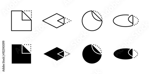 Peel off sticker icon set. Open here symbol. Adhesive paper vector illustration. Sticky tape blank sign collection. Pull off corner dotted edge pictogram. Peel off sticker label or instruction.