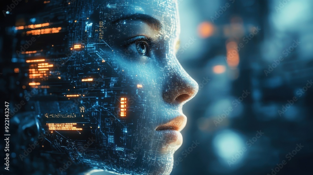 Futuristic Female Face with Digital Circuitry and Glowing Elements in a High-Tech Environment Futuristic Female Face with Digital Circuitry and Glowing Elements in a High-Tech Environment