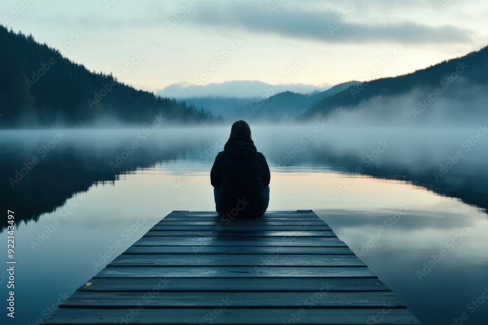 A person sits on a tranquil dock, gazing at a misty lake surrounded by majestic mountains at dawn, conveying serenity, reflection, and a connection to nature. A person sits on a tranquil dock, gazing at a misty lake surrounded by majestic mountains at dawn, conveying serenity, reflection, and a connection to nature.
