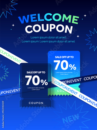 3d sale off coupon with sticky ribbon line, percentage off and coupon code, isolated on blue background. Special discount voucher banner template. 3d coupon banner. Vector illustration. Vector