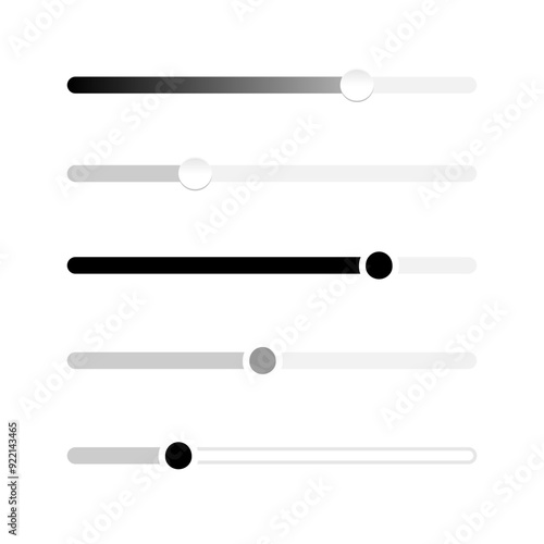 Slider volume control bar icon set in different styles. Brightness level adjusting controller vector illustration. Web and App interface navigation multimedia settings. Power level template.
