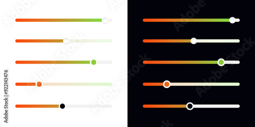 Gradient slider control bar vector set on white and black background. Power level adjusting controller illustration. Web and App interface multimedia settings panel. Power level template.