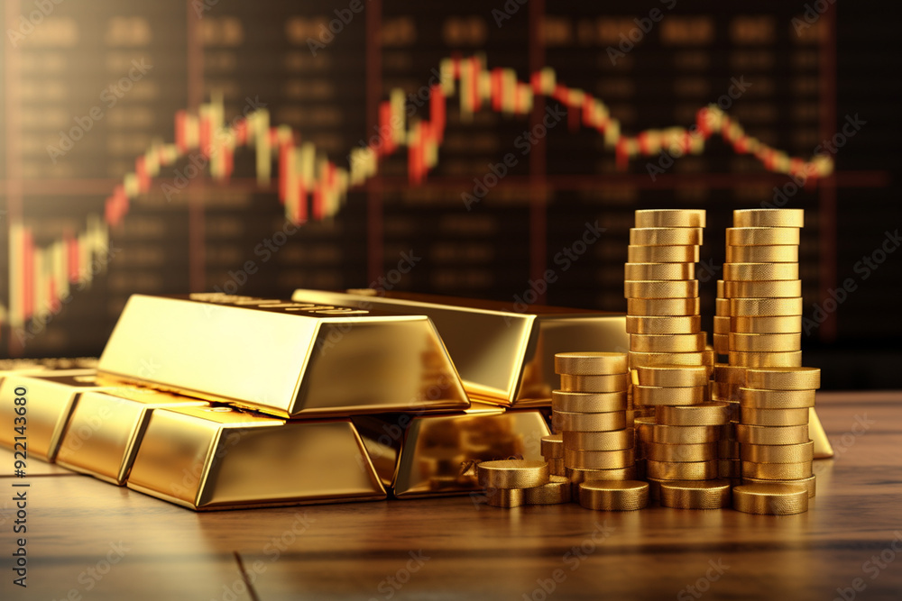 Gold bar resting on a stocks and shares graph representing investment Gold bar resting on a stocks and shares graph representing investment